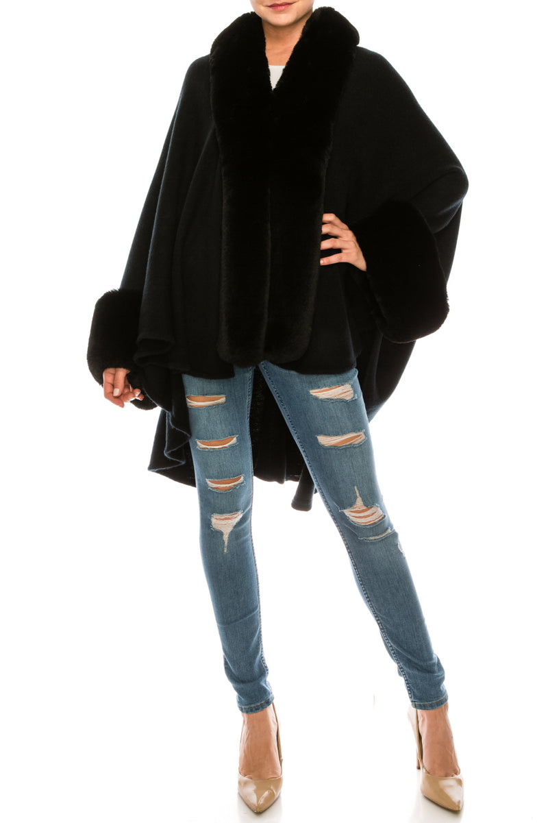 Segee Luxurious Faux Fur Trim Knit Poncho (Additional Colors)
