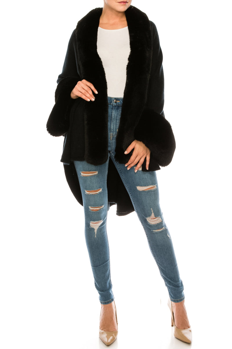 Segee Luxurious Faux Fur Trim Knit Poncho (Additional Colors)