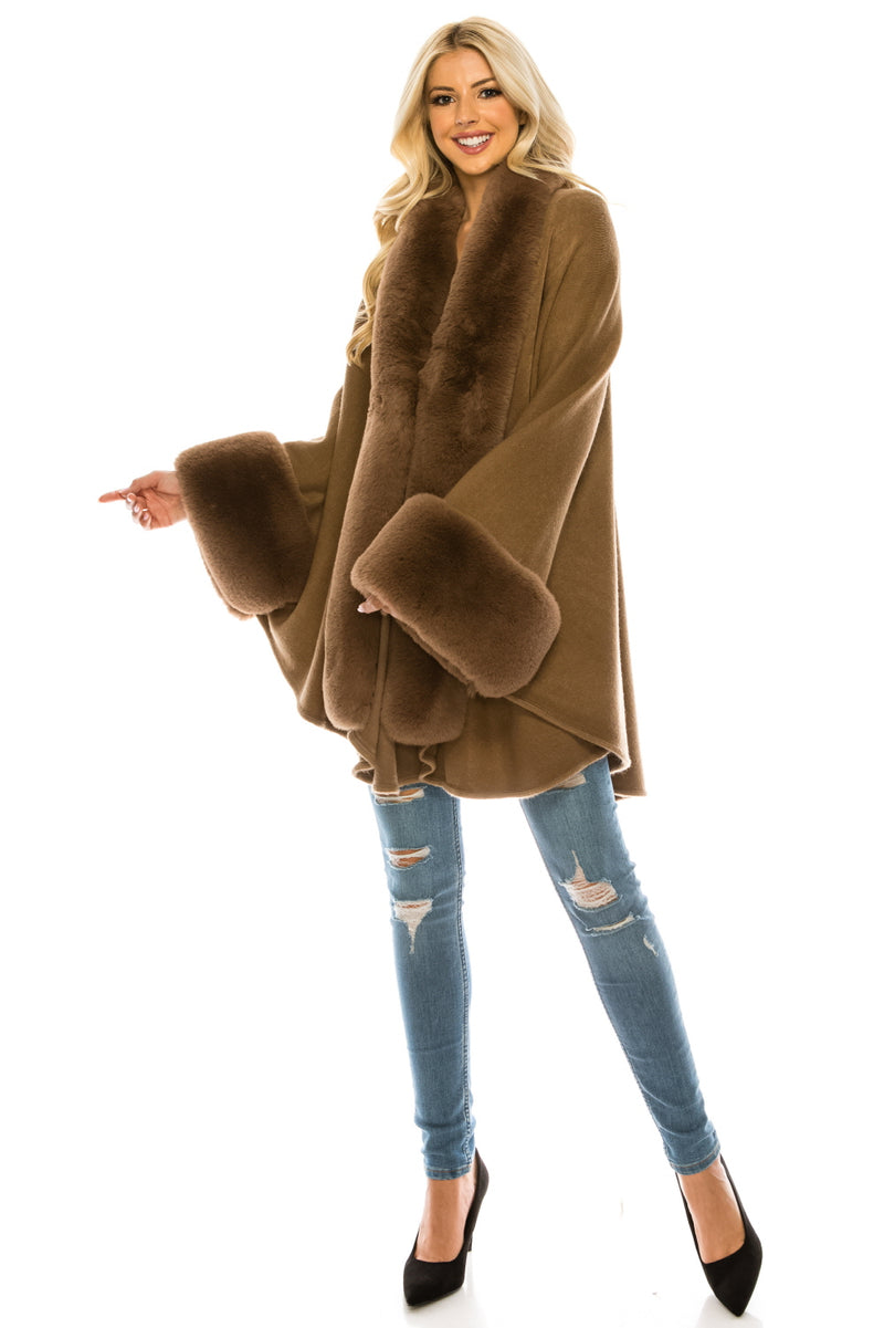 Segee Luxurious Faux Fur Trim Knit Poncho (Additional Colors)