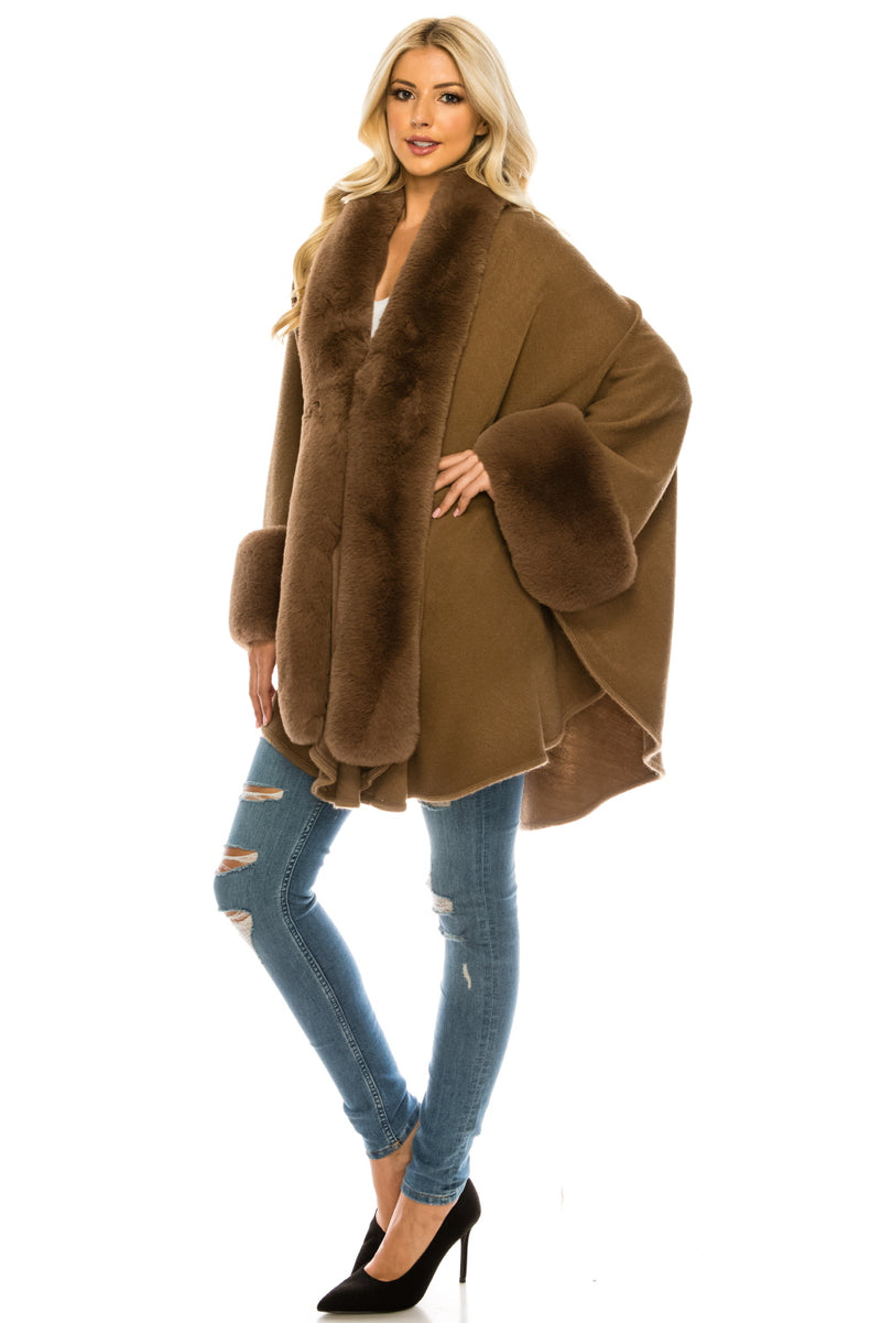 Segee Luxurious Faux Fur Trim Knit Poncho (Additional Colors)