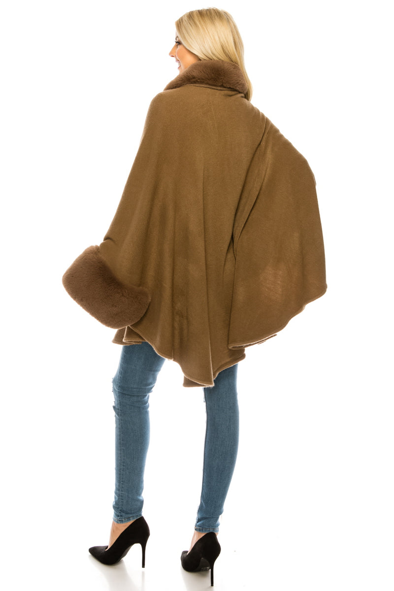 Segee Luxurious Faux Fur Trim Knit Poncho (Additional Colors)