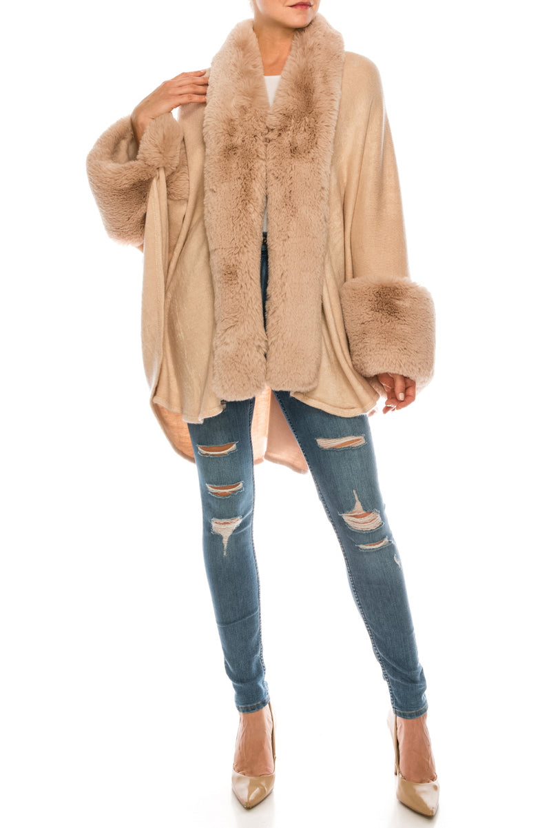 Segee Luxurious Faux Fur Trim Knit Poncho (Additional Colors)