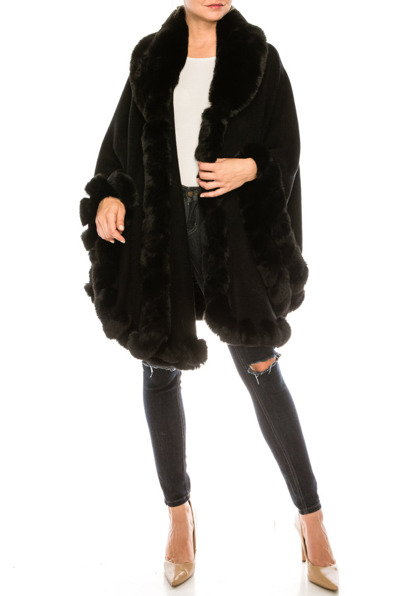 Segee Sophisticated Faux Fur Trim Knit Poncho (Additional Colors)