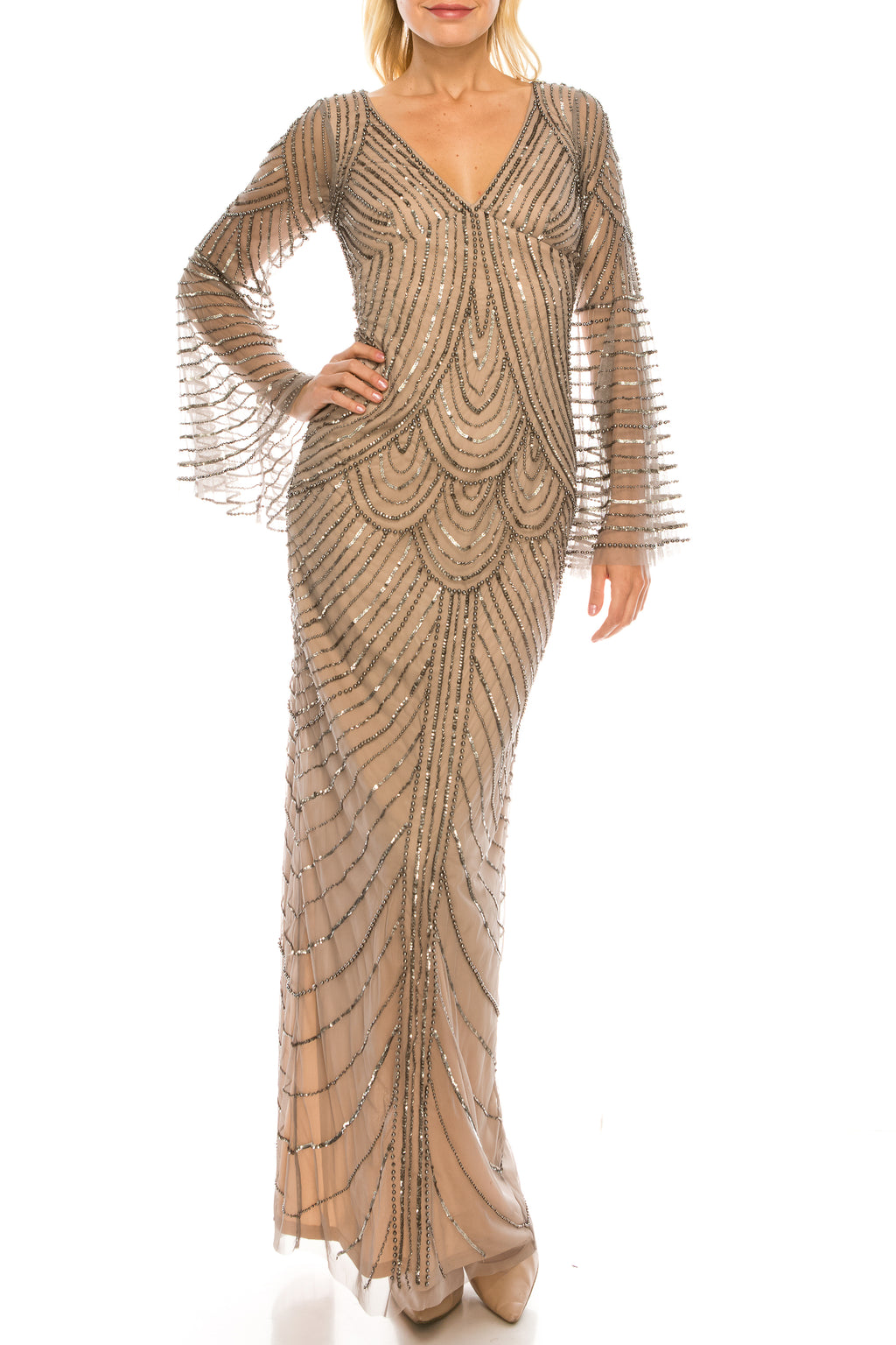 Adrianna Papell Mercury Nude Beaded Mesh Evening Gown