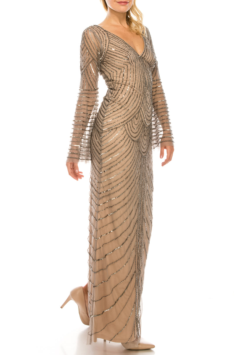 Adrianna Papell Mercury Nude Beaded Mesh Evening Gown