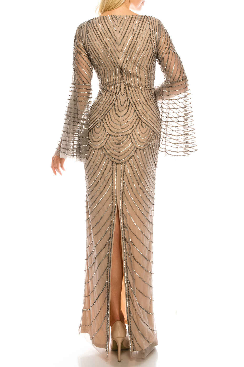 Adrianna Papell Mercury Nude Beaded Mesh Evening Gown