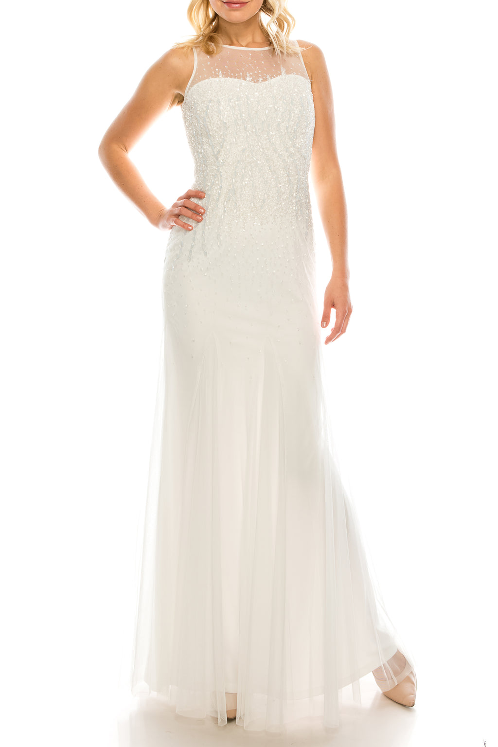 Adrianna Papell Ivory Illusion Sheath Gown with Heavily Beaded Bodice