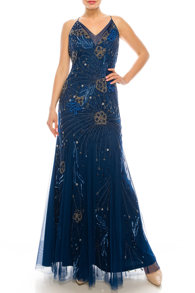 Adrianna Papell Admiral Blue Beaded Mermaid Gown
