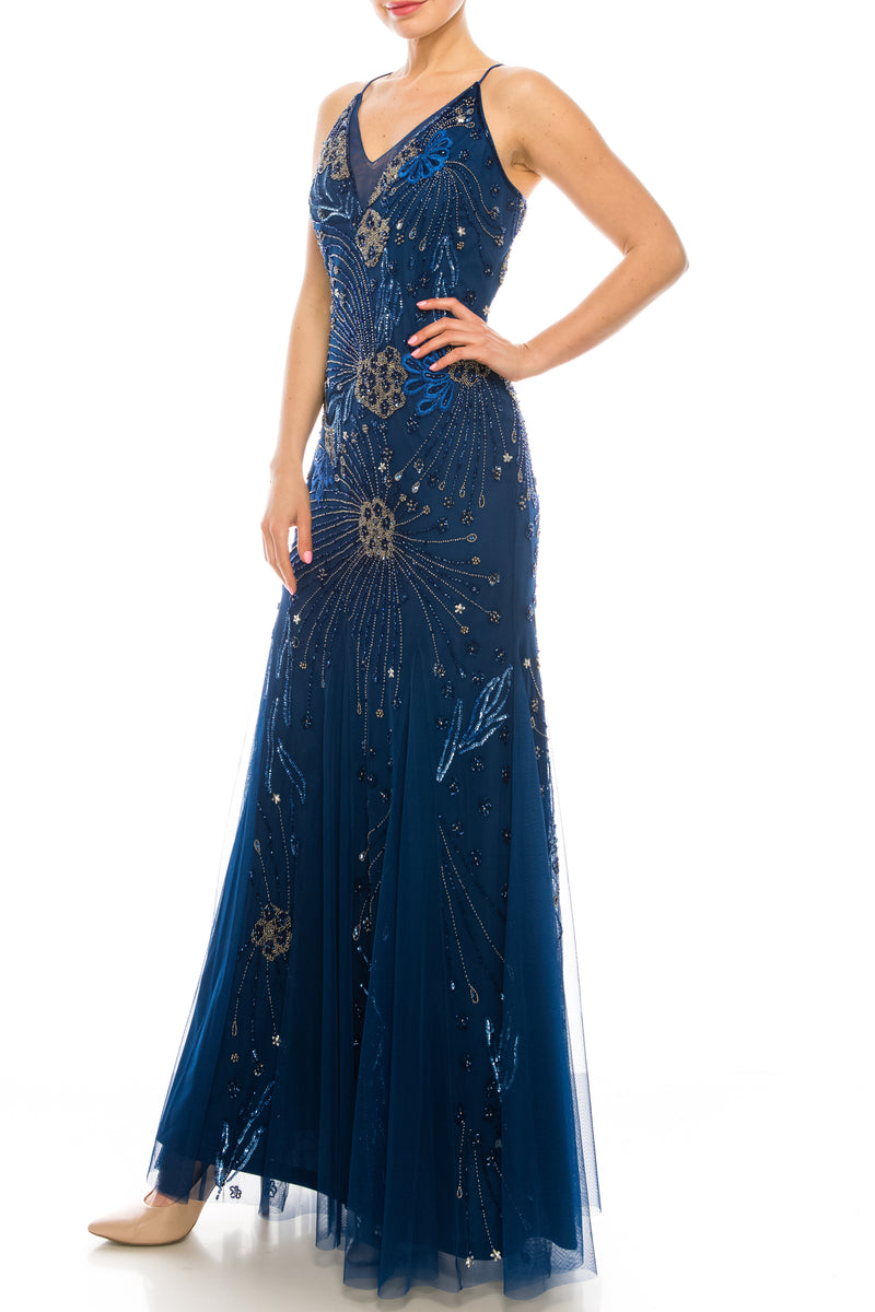 Adrianna Papell Admiral Blue Beaded Mermaid Gown