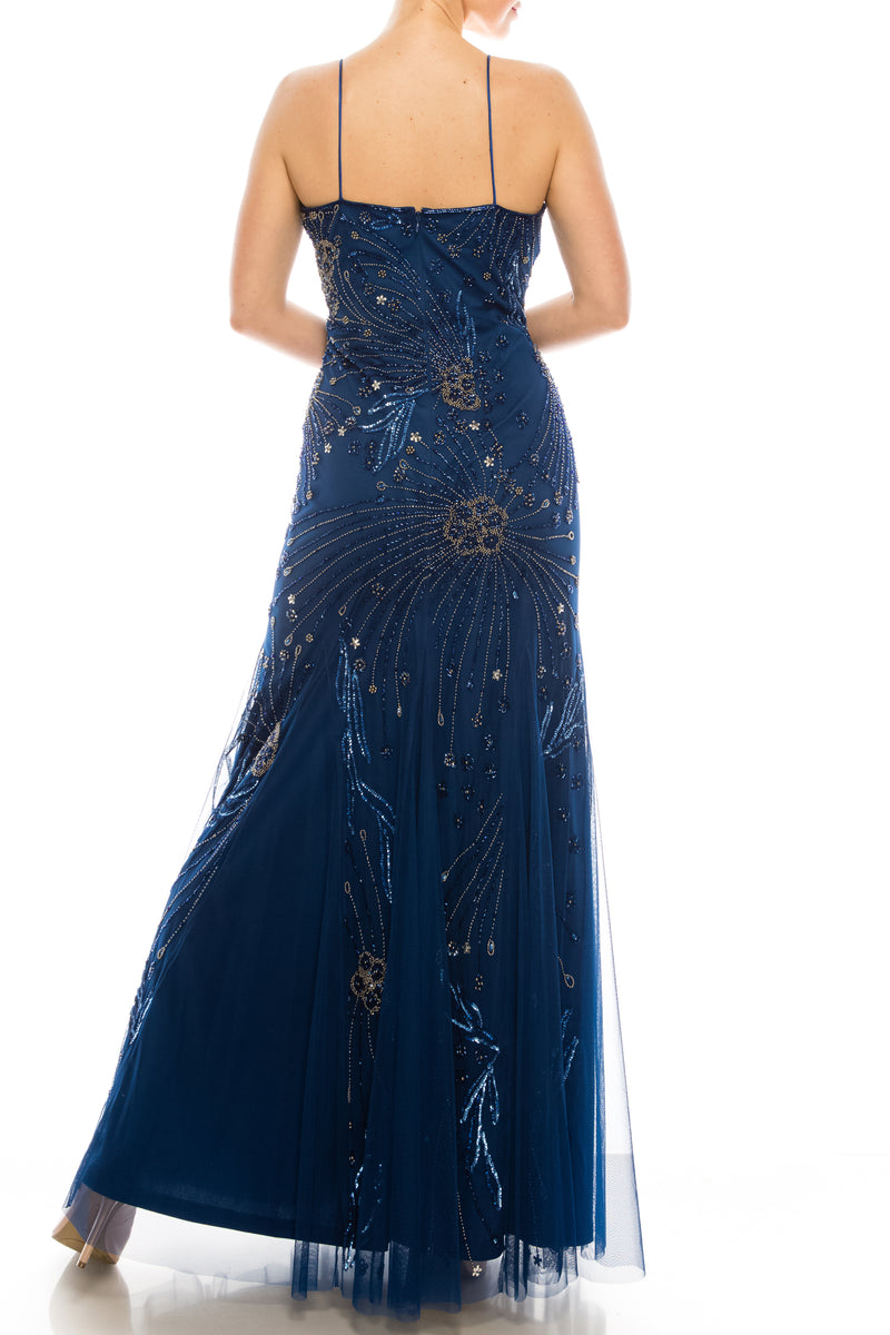 Adrianna Papell Admiral Blue Beaded Mermaid Gown
