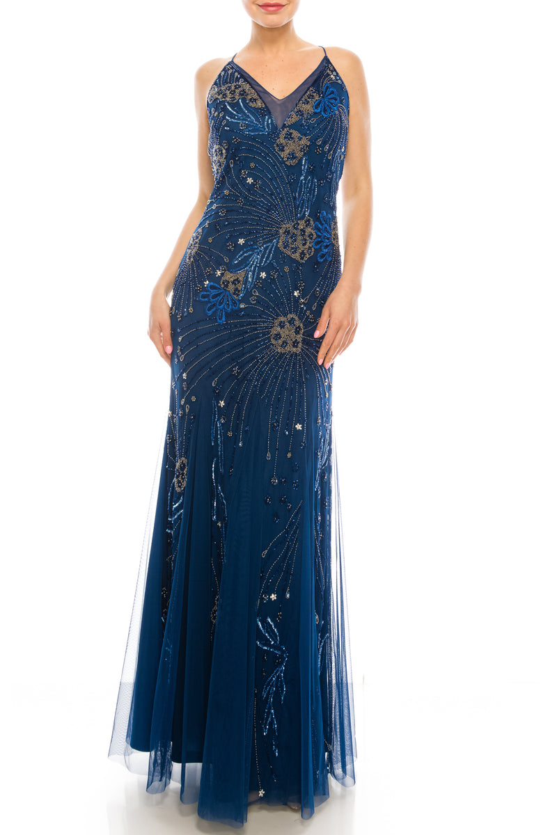 Adrianna Papell Admiral Blue Beaded Mermaid Gown