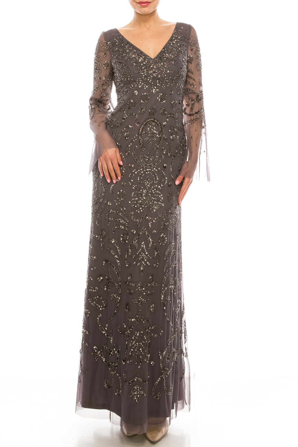 Adrianna Papell Beaded Long Sleeve Gown