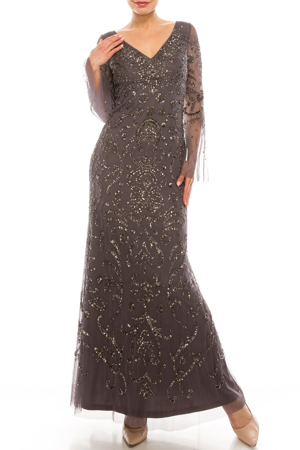 Adrianna Papell Beaded Long Sleeve Gown