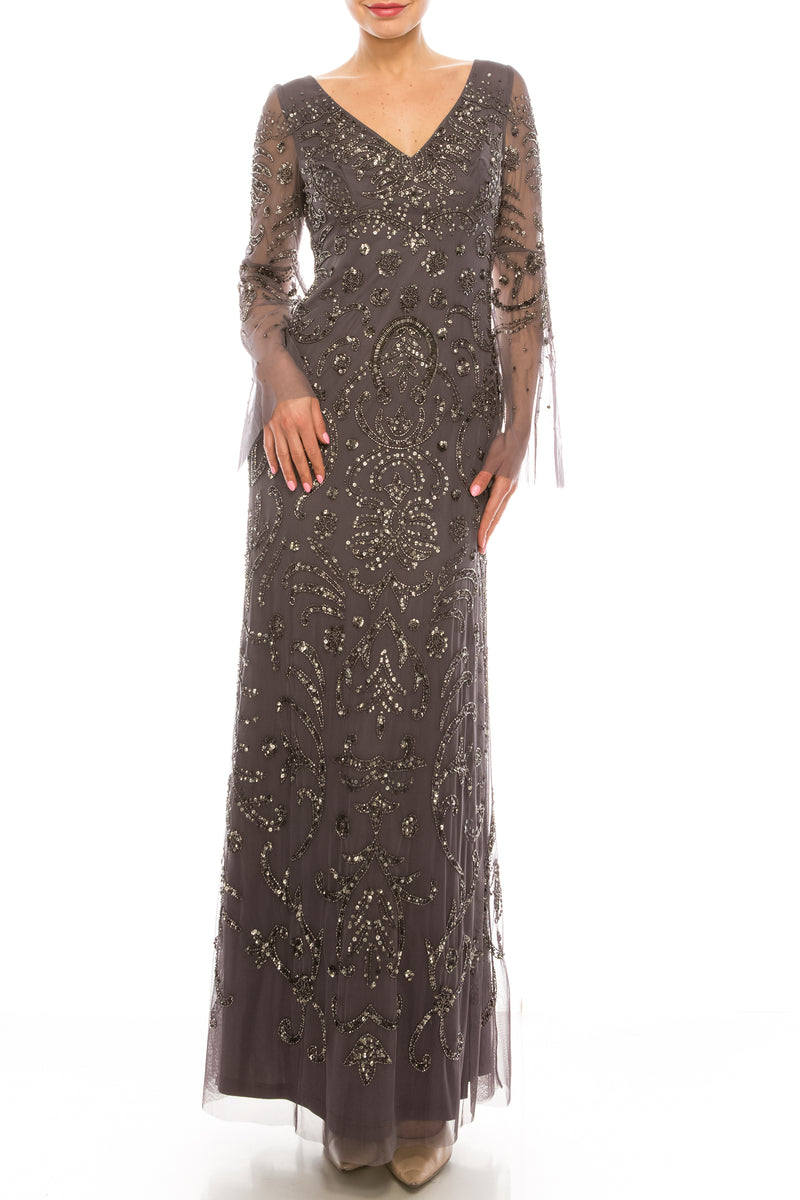 Adrianna Papell Beaded Long Sleeve Gown
