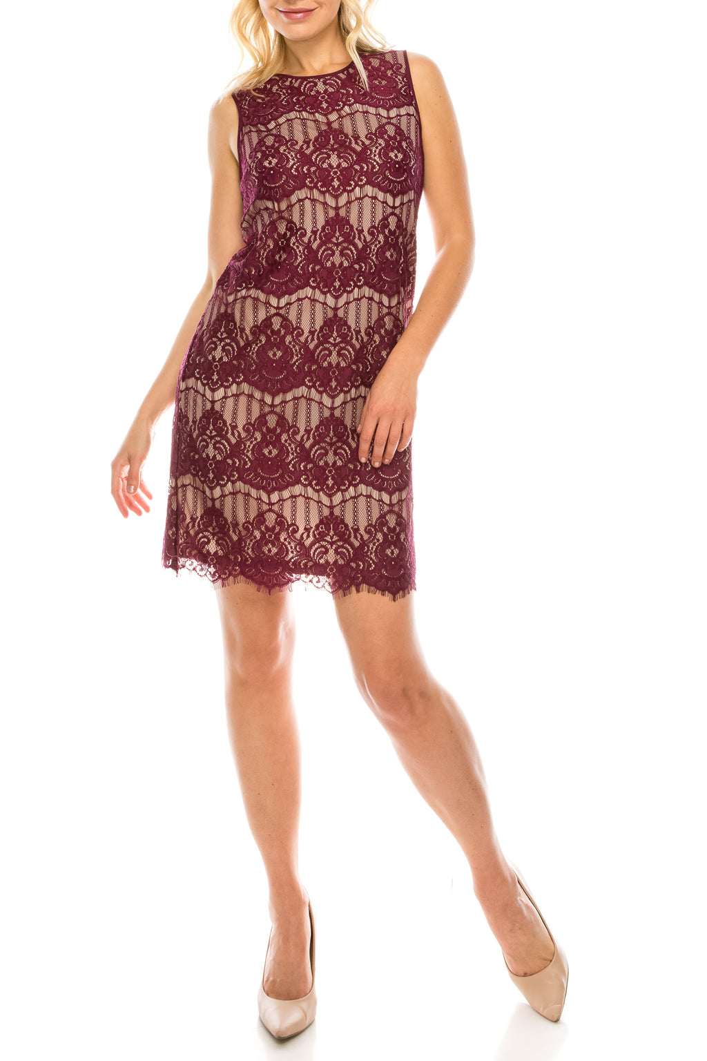 Adrianna Papell Burgundy Lace Shift Day Dress
