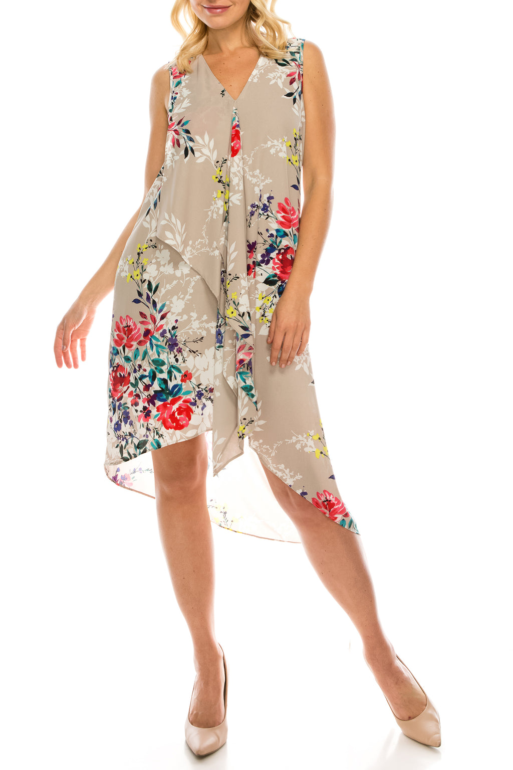 Adrianna Papell Ivory Multi Floral Printed Layered Dress