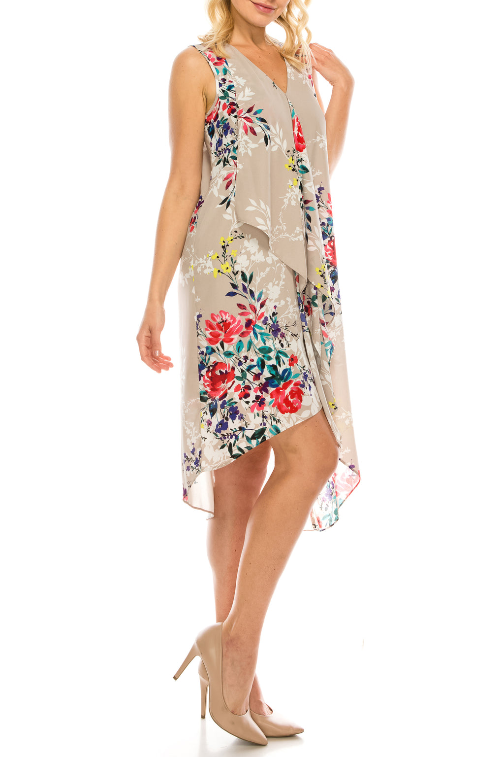 Adrianna Papell Ivory Multi Floral Printed Layered Dress