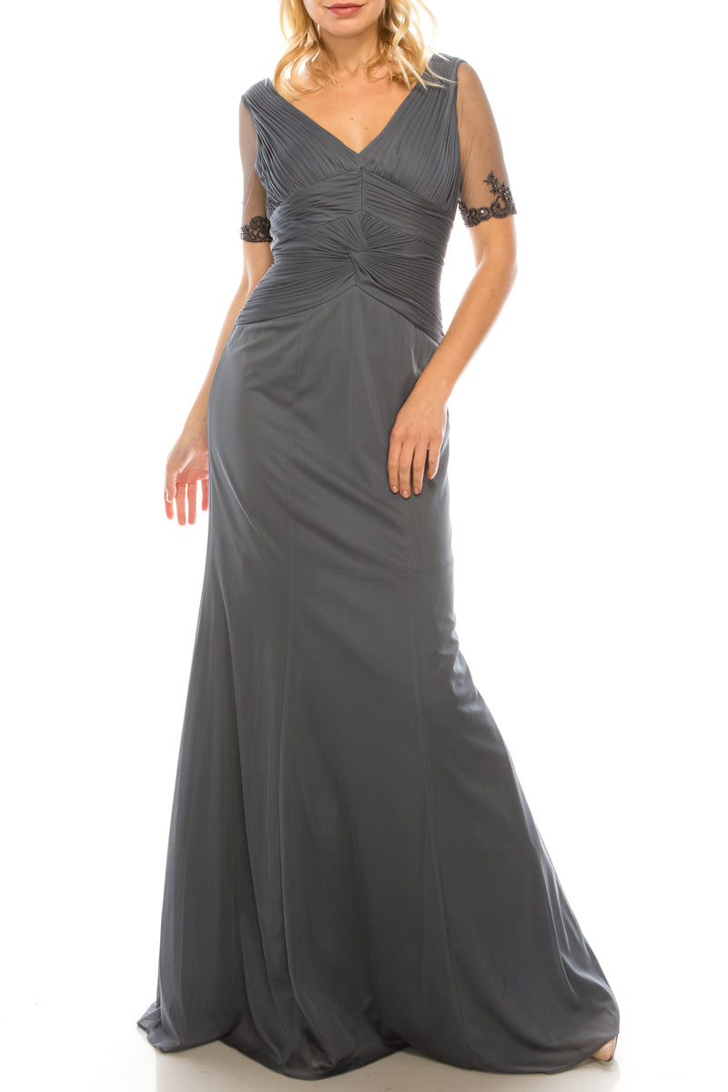 Adrianna Papell Smoke Long Evening Dress with Pleated Bodice