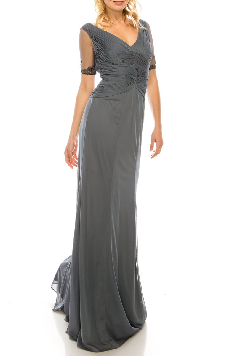 Adrianna Papell Smoke Long Evening Dress with Pleated Bodice