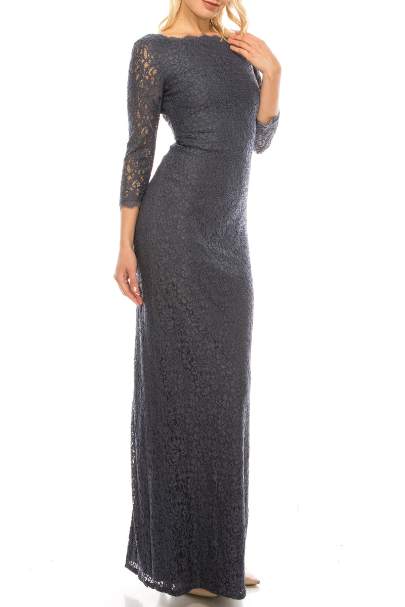 Adrianna Papell Gunmetal Lace Long Column Evening Dress