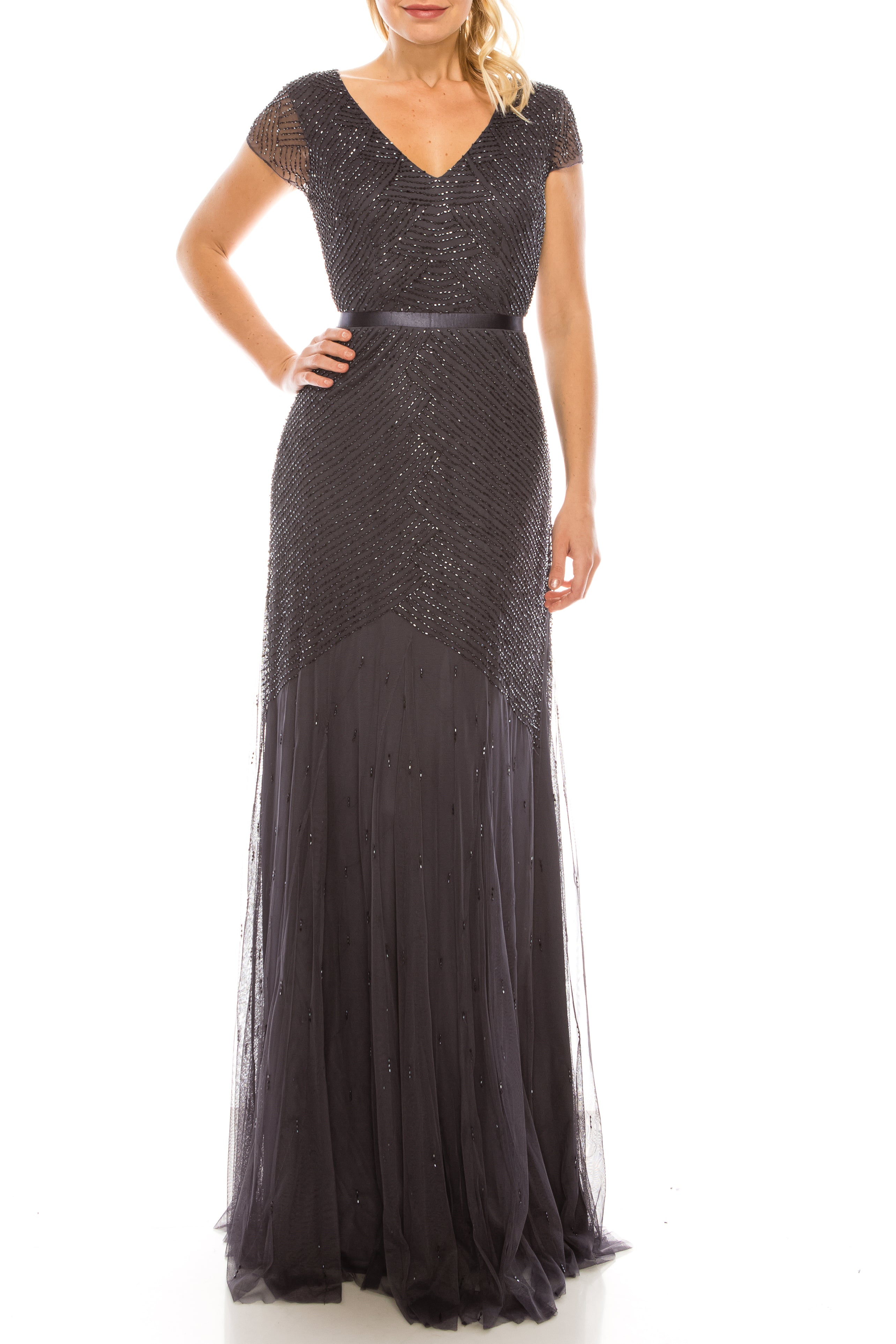 Adrianna Papell Gunmetal Beaded Sheath Evening Dress – Popcorn's Closet