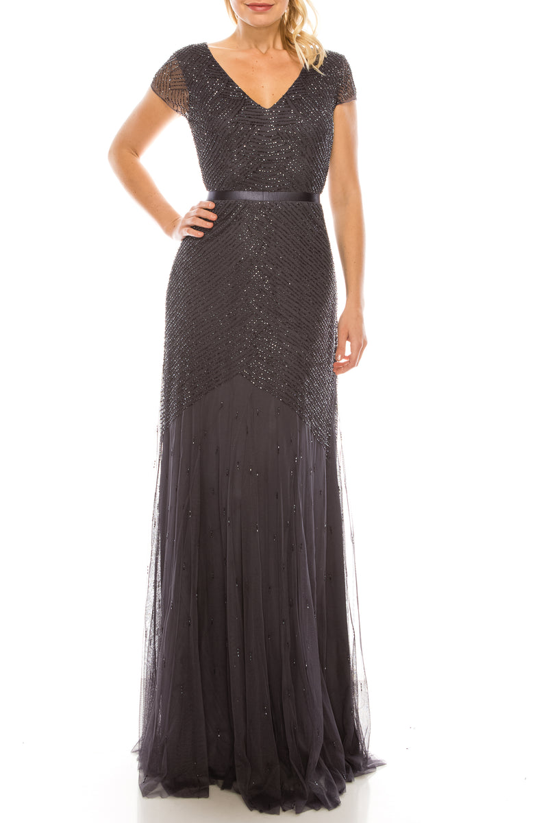 Adrianna Papell Gunmetal Beaded Sheath Evening Dress
