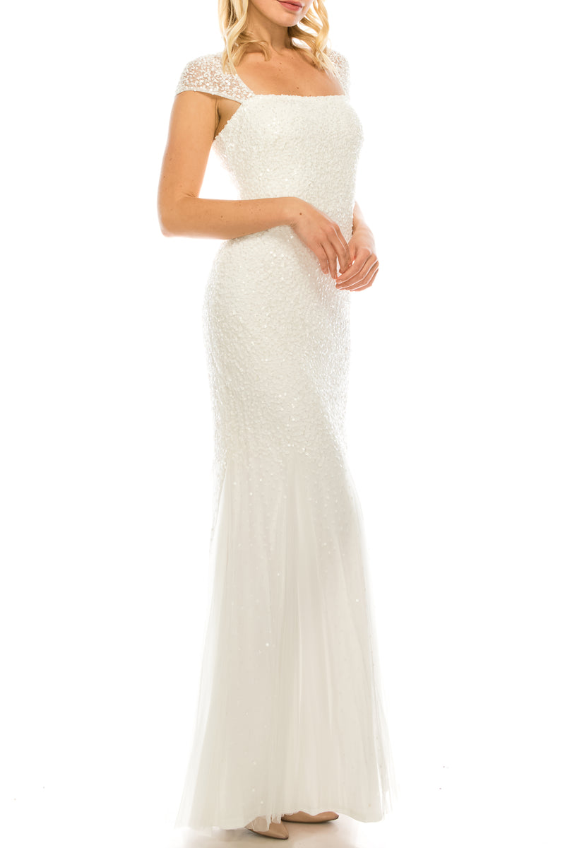 Adrianna Papell Ivory Long Sequined Evening Dress