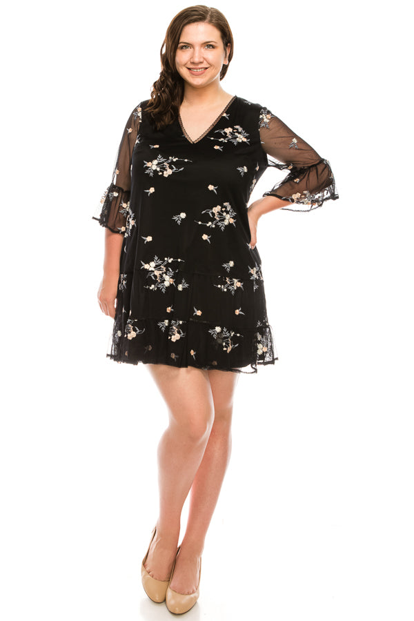 Adrianna Papell Black Mesh Embroidered Lined Dress with Ruffle Sleeves and Bottom