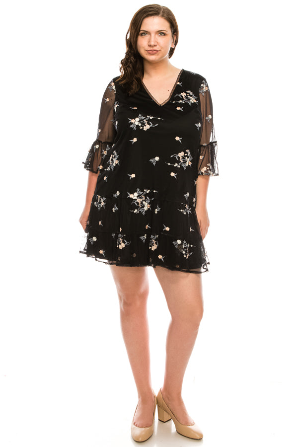 Adrianna Papell Black Mesh Embroidered Lined Dress with Ruffle Sleeves and Bottom