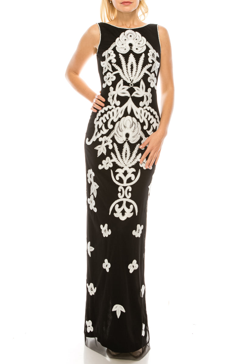 Adrianna Papell Black Ivory Beaded & Embroidered Mesh Evening Dress