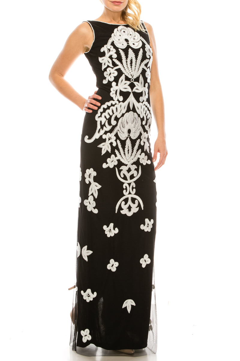 Adrianna Papell Black Ivory Beaded & Embroidered Mesh Evening Dress