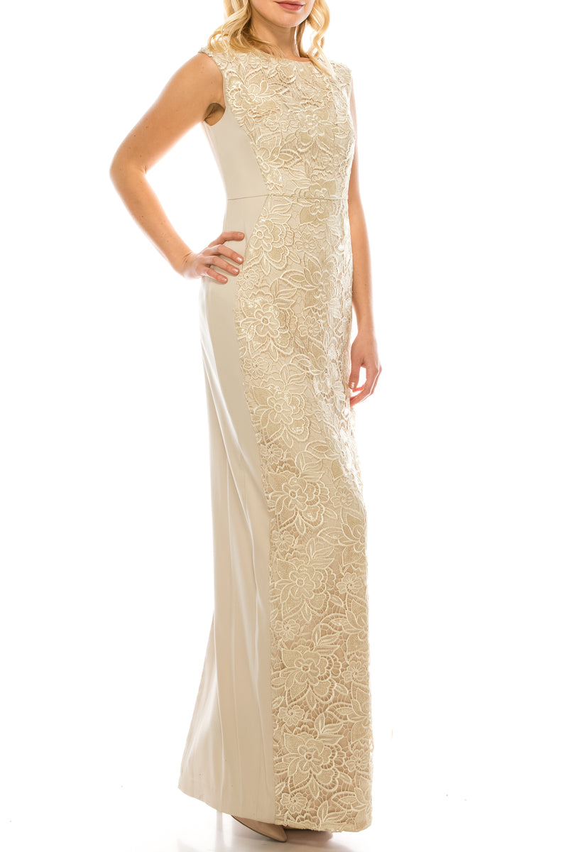 Adrianna Papell Champagne Embroidered Lace Inset Column Evening Dress