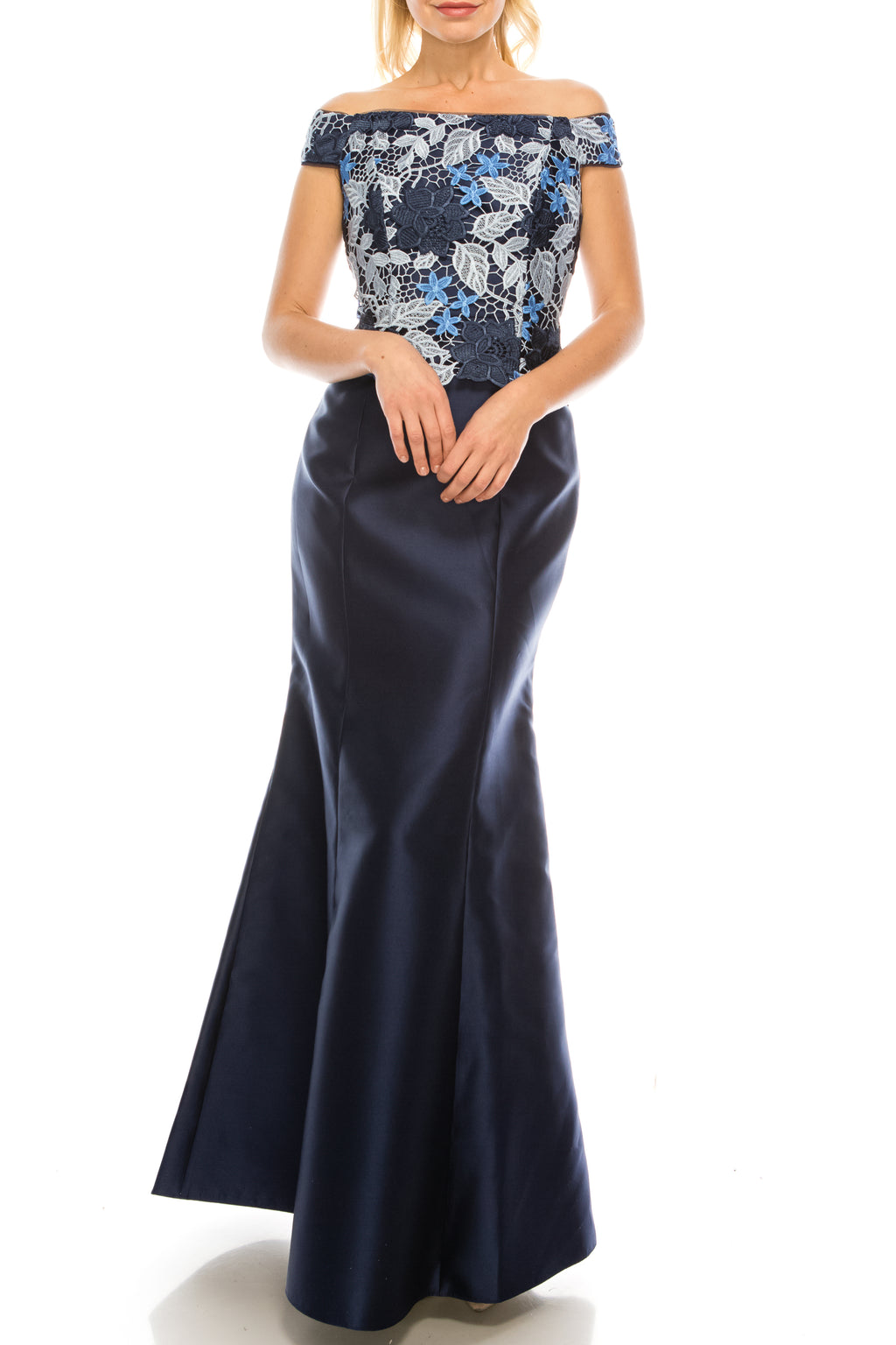 Adrianna Papell Powder Blue Multi Off-Shoulder Peplum Evening Dress