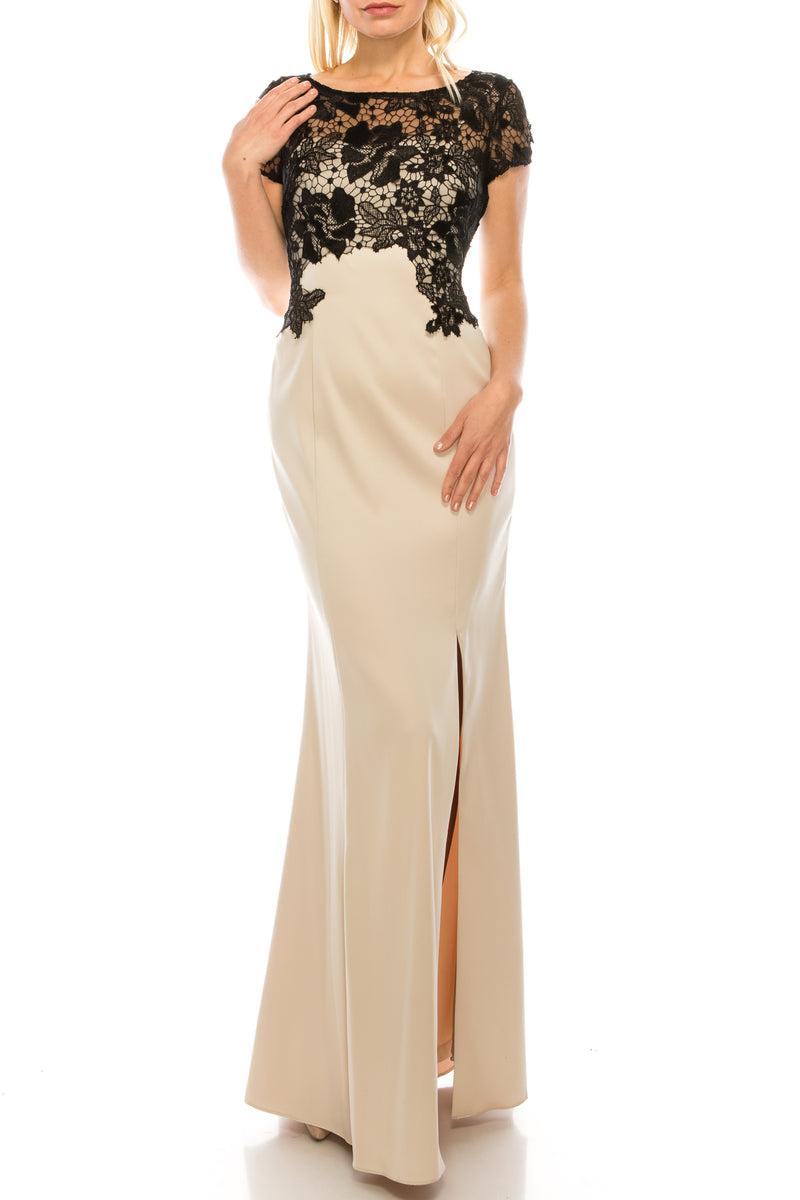 Adrianna Papell Champagne Black Lace Applique Sheath Evening Dress