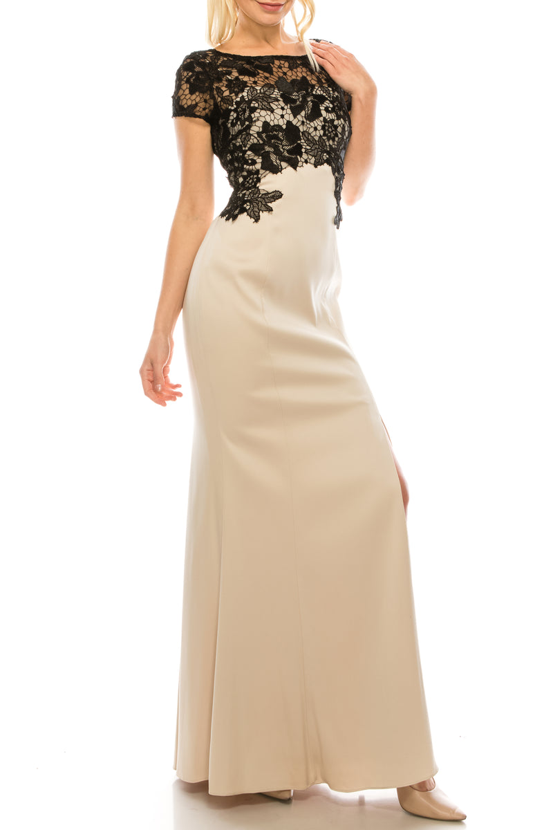 Adrianna Papell Champagne Black Lace Applique Sheath Evening Dress
