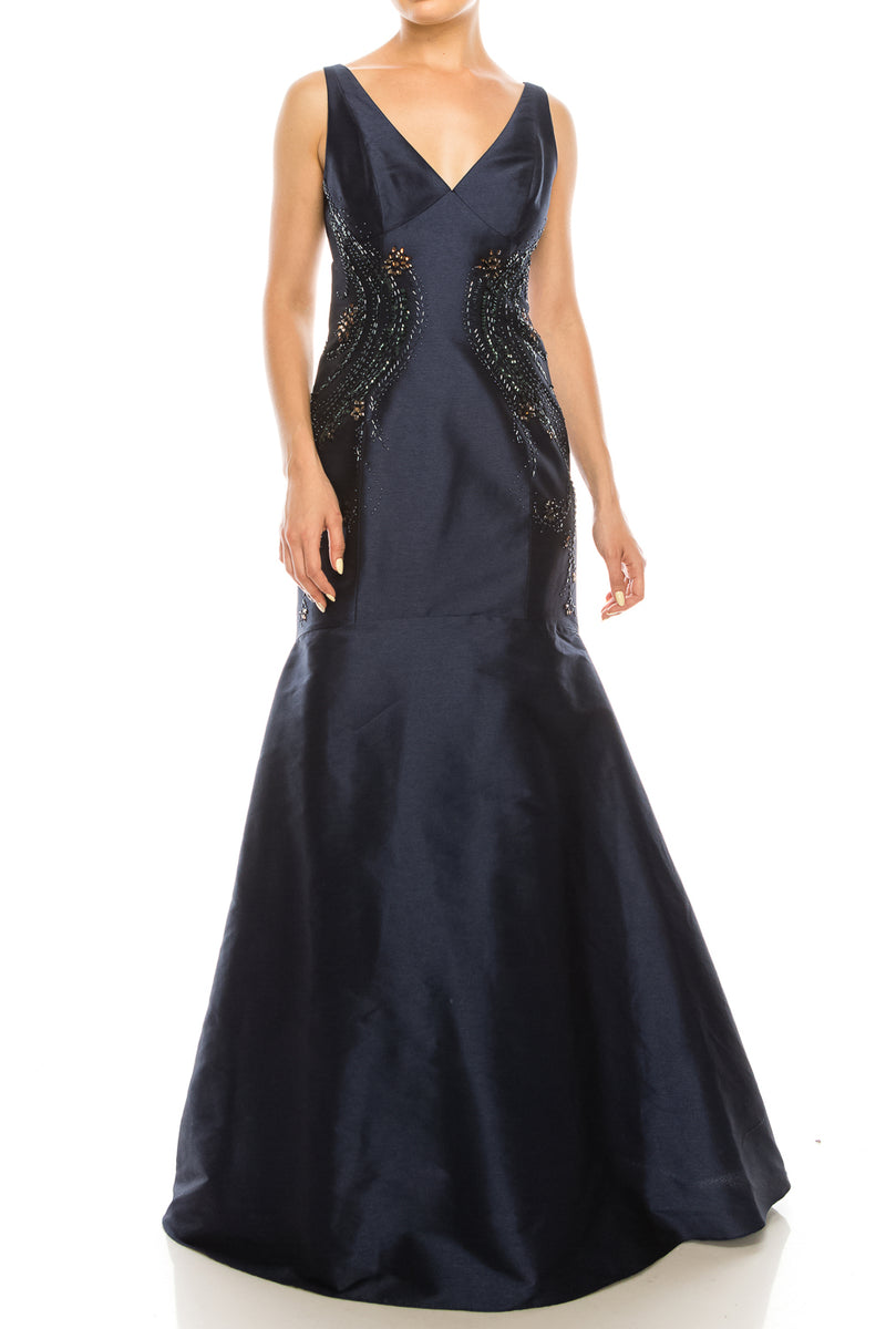 Adrianna Papell Navy Beaded Faille Trumpet Gown
