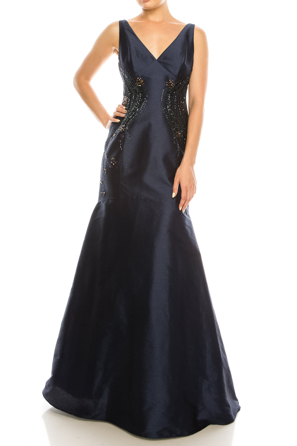 Adrianna Papell Navy Beaded Faille Trumpet Gown