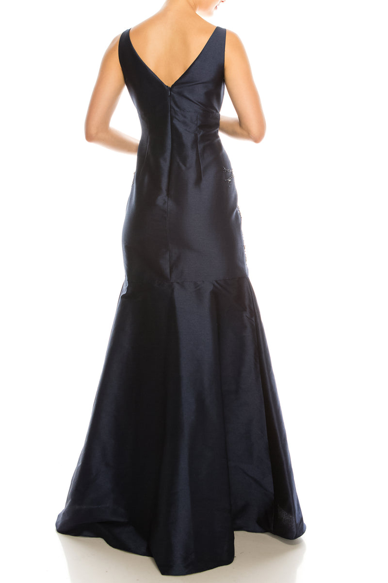 Adrianna Papell Navy Beaded Faille Trumpet Gown