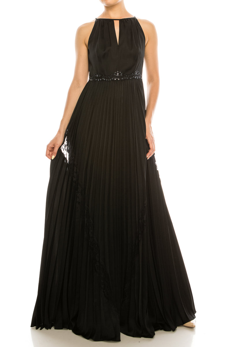 Adrianna Papell Black Satin Lace Halter Gown