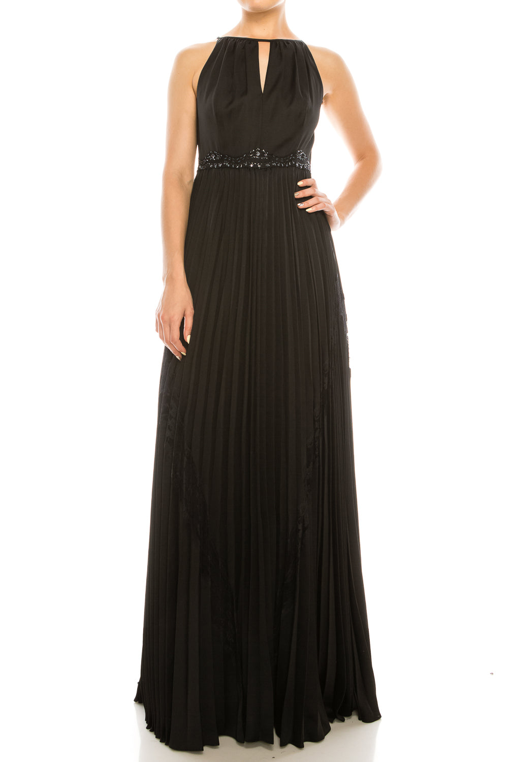 Adrianna Papell Black Satin Lace Halter Gown