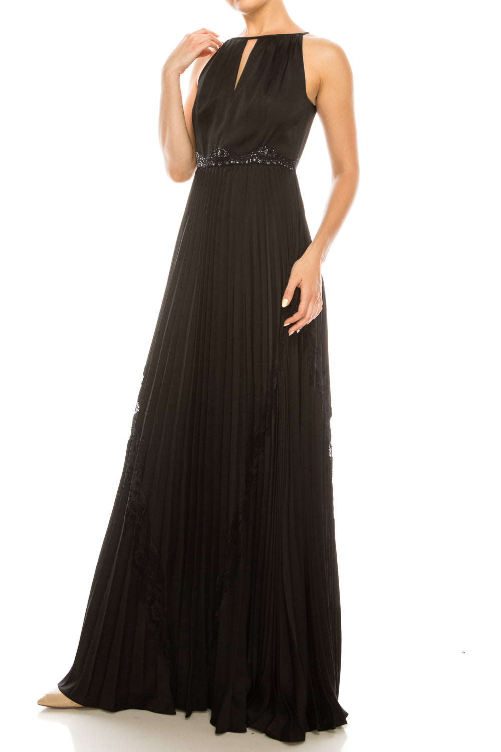 Adrianna Papell Black Satin Lace Halter Gown