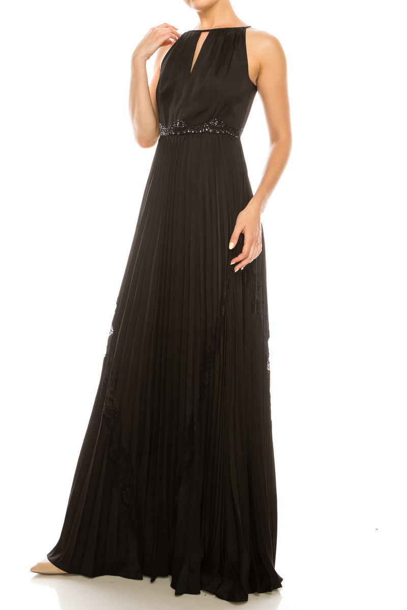 Adrianna Papell Black Satin Lace Halter Gown