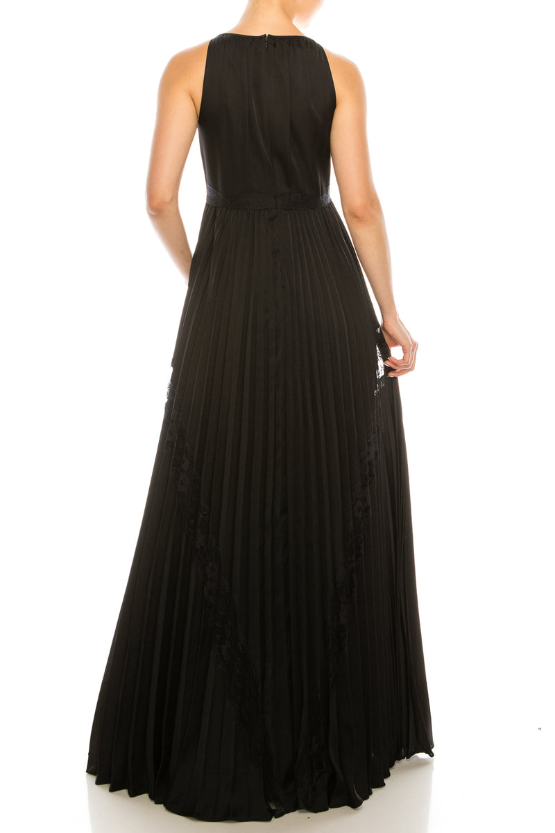 Adrianna Papell Black Satin Lace Halter Gown