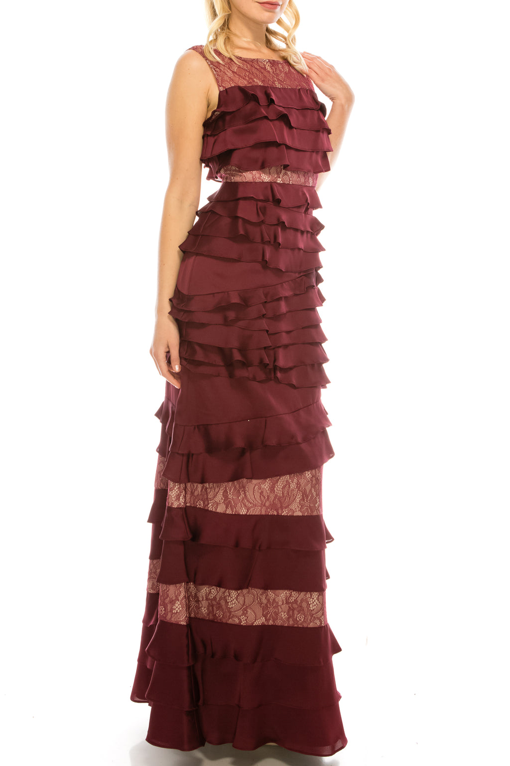 Adrianna Papell Black Cherry Ruffle Tiered Long Evening Dress