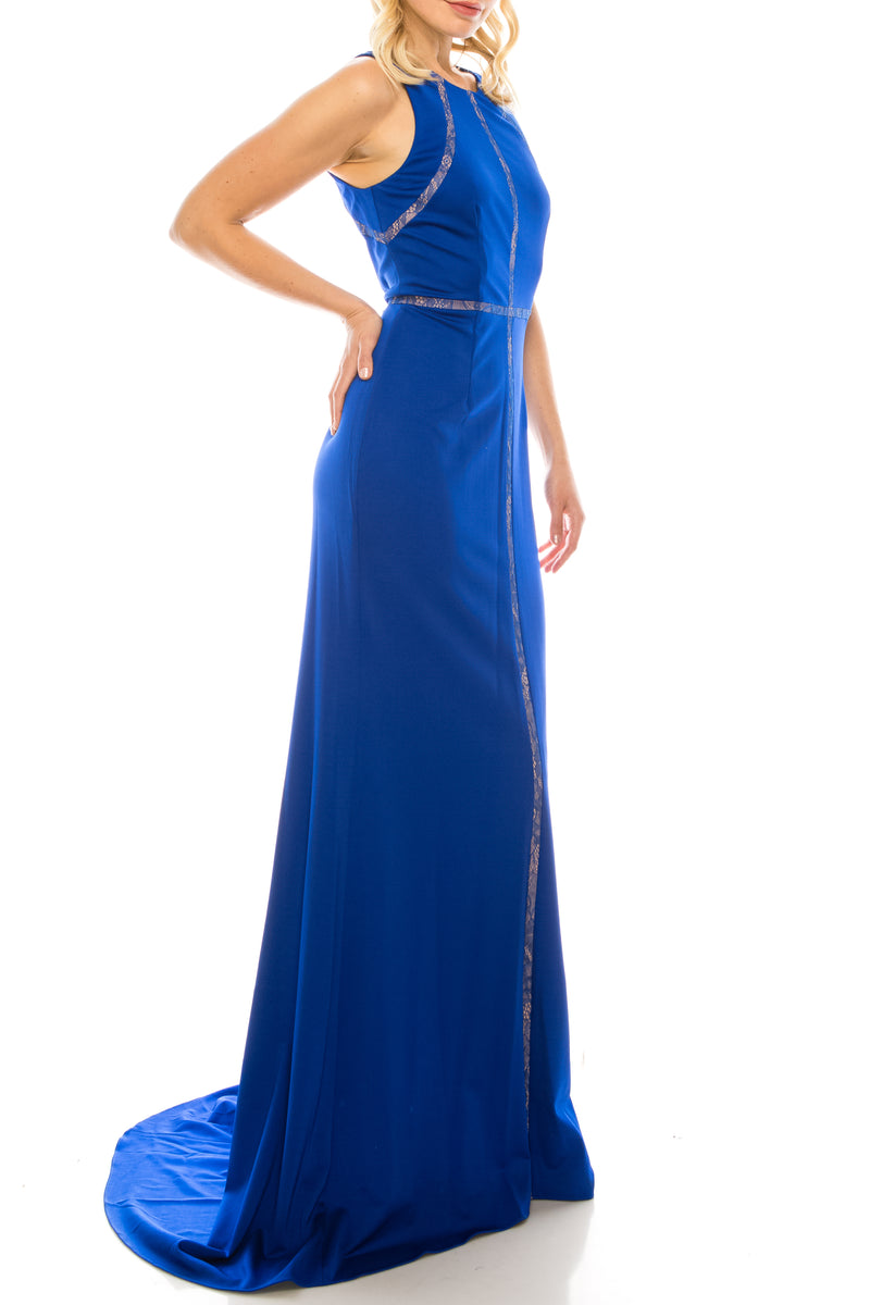 Adrianna Papell Deep Sapphire Trumpet Evening Gown with Lace Trims