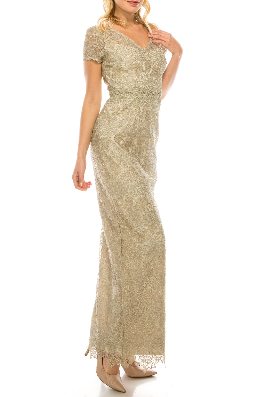Adrianna Papell Gold Lace Long Column Evening Dress