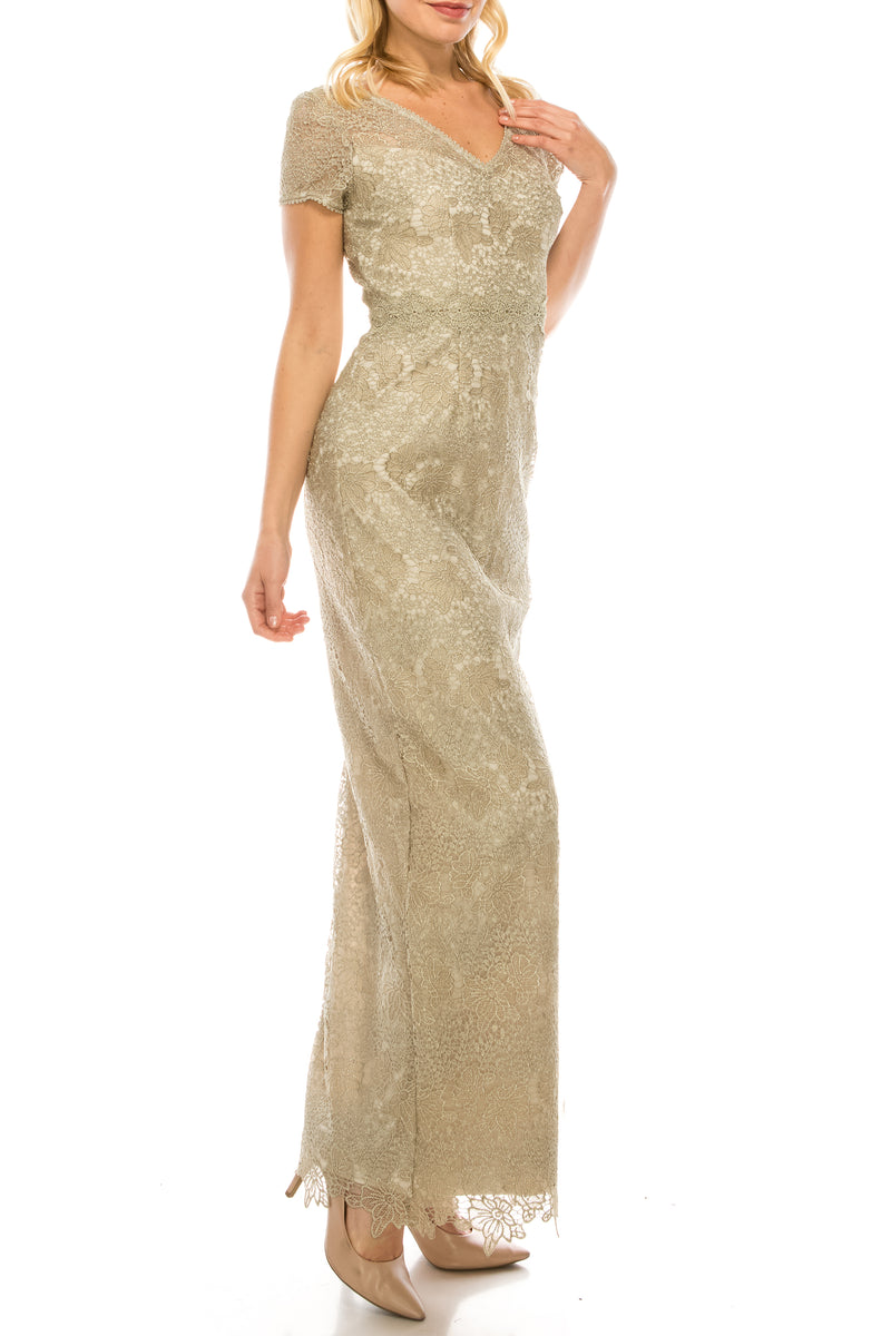 Adrianna Papell Gold Lace Long Column Evening Dress