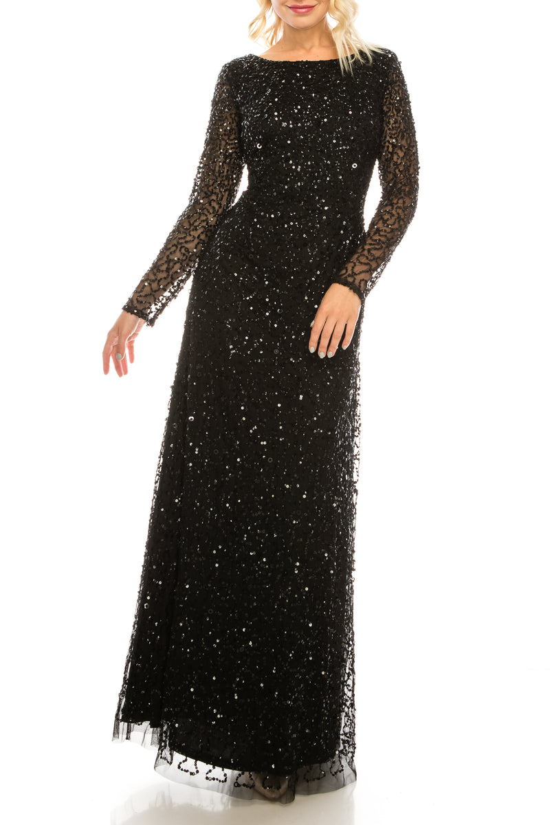 Adrianna Papell Black Sequined Long Evening Dress