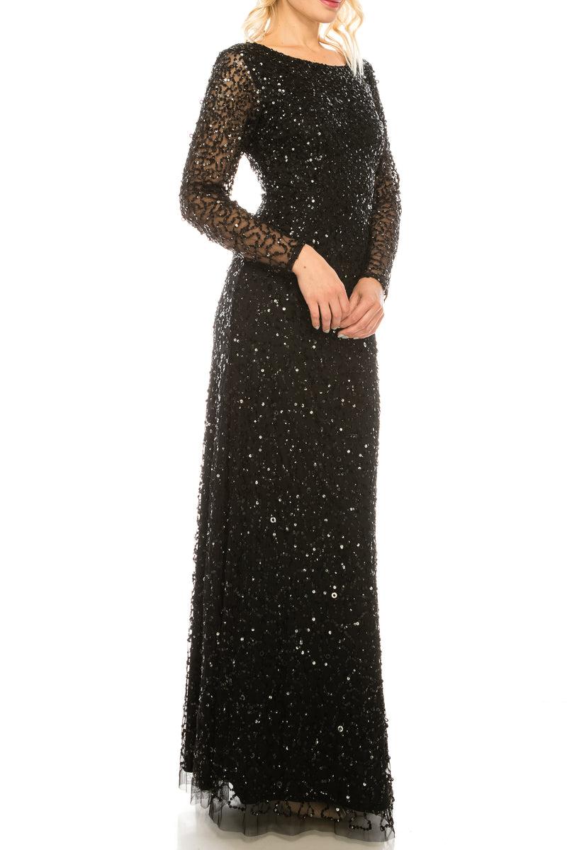Adrianna Papell Black Sequined Long Evening Dress