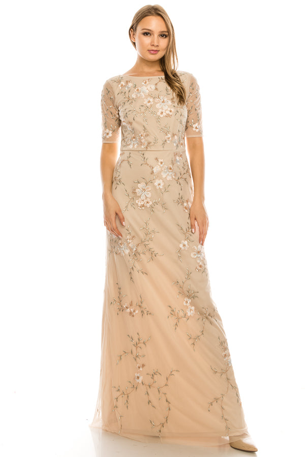 Adrianna Papell Nude Boatneck Elbow Sleeved Long Dress with Allover Blossoming Floral Embroidery